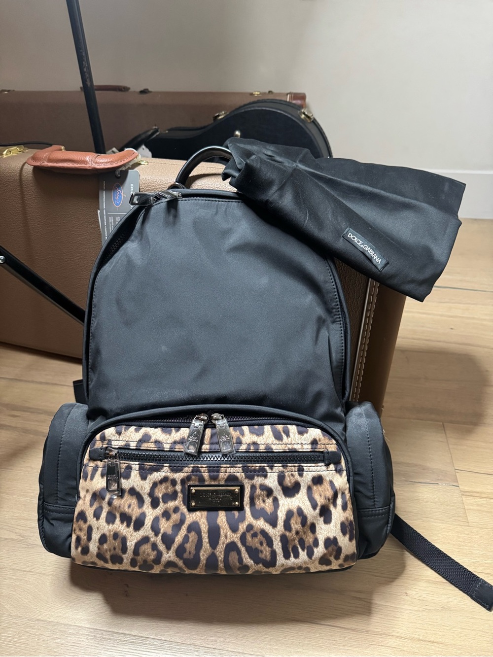 Dolce & Gabbana Black Backpack with Leopard Front Pocket